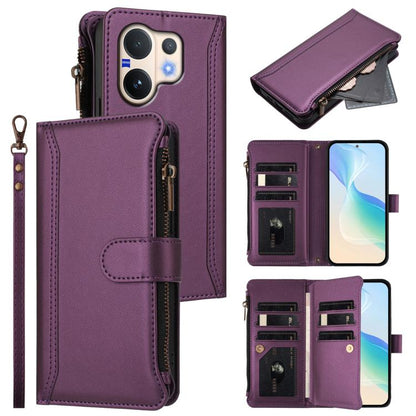 Magnetic Closure 9 Card Slots Zipper Leather Case with Hand Strap, For vivo Y400 5G Global, For vivo V60 5G Global, For vivo S30 Pro mini, For vivo S30, For vivo Y300 5G Global, For vivo Y200E 5G Global / V40 SE 5G, For vivo Y36 4G Global / Y27S 4G Glo...