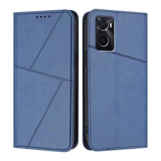 Royal blue flip leather phone case with magnetic closure and stitched panel design.