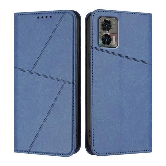 Blue flip leather phone case with textured stitched pattern and camera cutout, open.