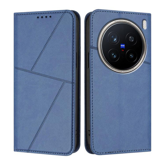 Royal blue leather flip phone case with stitched pattern and camera cutout