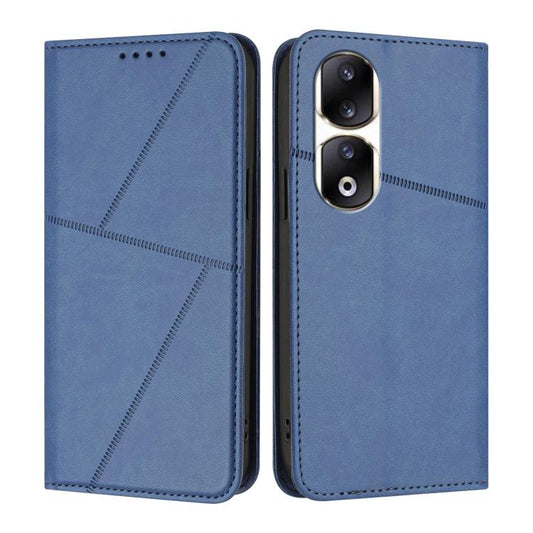 Blue leather flip phone case with stitched pattern and dual camera cutouts, front and back view.