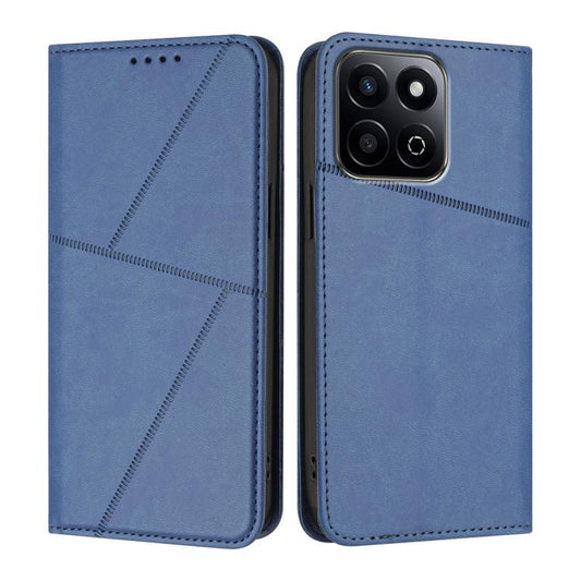 Royal blue flip phone case in faux leather with stitched panel design and cutouts