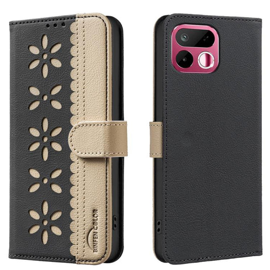 Two-tone leather phone case with flower cutout pattern and flip strap, black and beige
