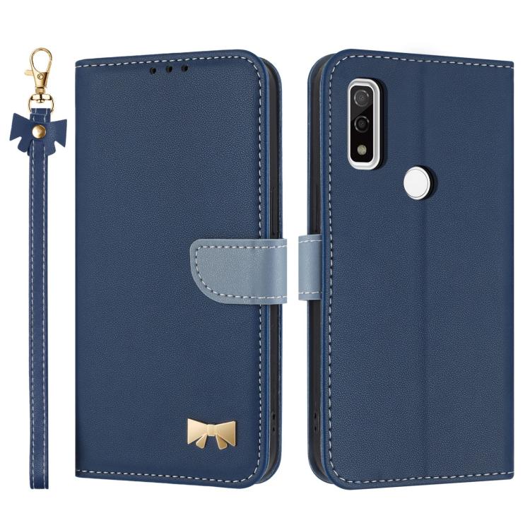 Metal Bow Leather Phone Case with Hand Strap, For Fujitsu Arrows We3, For Fujitsu Rakuraku F-53E, For Fujitsu Arrows We2 F-52E, For Fujitsu Arrows We2 Plus F-51E, For Fujitsu Arrows WE F-51B / BZ03, For Fujitsu Arrows F-52B