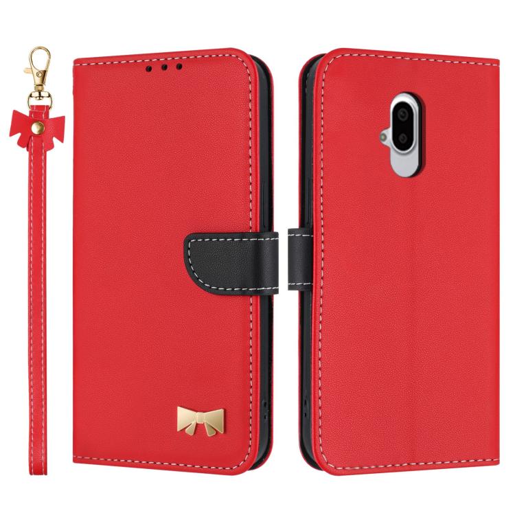 Metal Bow Leather Phone Case with Hand Strap, For Fujitsu Arrows We3, For Fujitsu Rakuraku F-53E, For Fujitsu Arrows We2 F-52E, For Fujitsu Arrows We2 Plus F-51E, For Fujitsu Arrows WE F-51B / BZ03, For Fujitsu Arrows F-52B