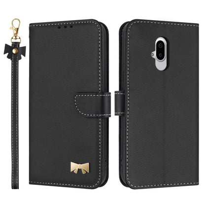 Metal Bow Leather Phone Case with Hand Strap, For Fujitsu Arrows We3, For Fujitsu Rakuraku F-53E, For Fujitsu Arrows We2 F-52E, For Fujitsu Arrows We2 Plus F-51E, For Fujitsu Arrows WE F-51B / BZ03, For Fujitsu Arrows F-52B