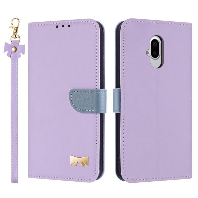 Metal Bow Leather Phone Case with Hand Strap, For Fujitsu Arrows We3, For Fujitsu Rakuraku F-53E, For Fujitsu Arrows We2 F-52E, For Fujitsu Arrows We2 Plus F-51E, For Fujitsu Arrows WE F-51B / BZ03, For Fujitsu Arrows F-52B