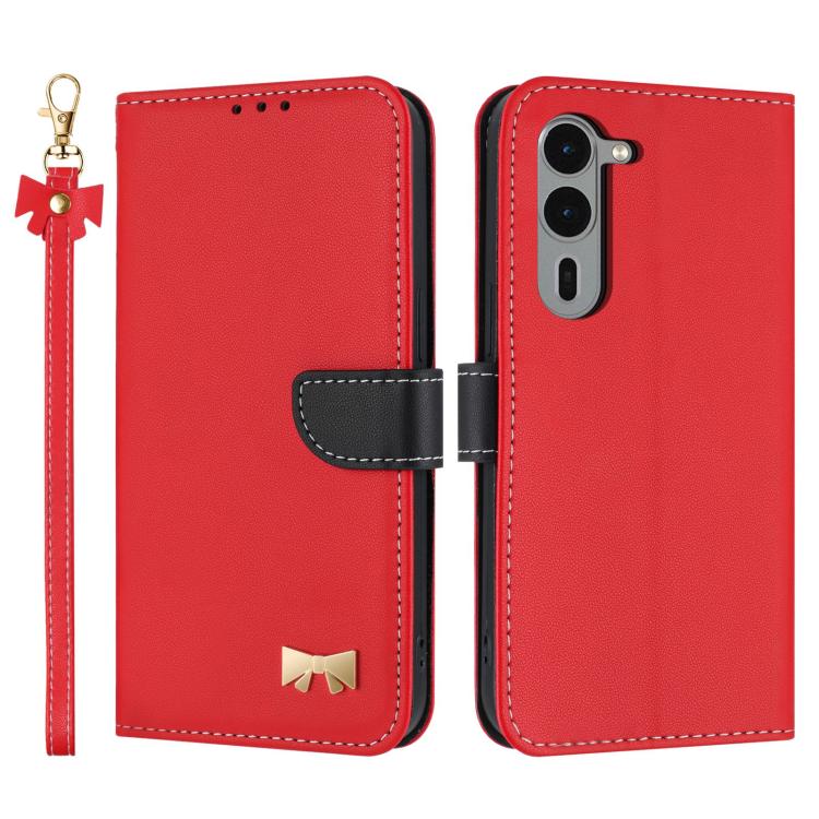 Metal Bow Leather Phone Case with Hand Strap, For Fujitsu Arrows We3, For Fujitsu Rakuraku F-53E, For Fujitsu Arrows We2 F-52E, For Fujitsu Arrows We2 Plus F-51E, For Fujitsu Arrows WE F-51B / BZ03, For Fujitsu Arrows F-52B
