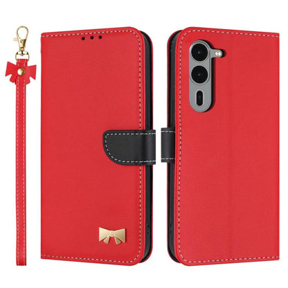 Metal Bow Leather Phone Case with Hand Strap, For Fujitsu Arrows We3, For Fujitsu Rakuraku F-53E, For Fujitsu Arrows We2 F-52E, For Fujitsu Arrows We2 Plus F-51E, For Fujitsu Arrows WE F-51B / BZ03, For Fujitsu Arrows F-52B