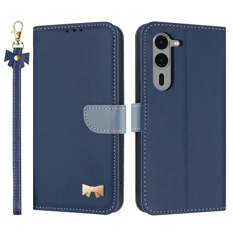 Metal Bow Leather Phone Case with Hand Strap, For Fujitsu Arrows We3, For Fujitsu Rakuraku F-53E, For Fujitsu Arrows We2 F-52E, For Fujitsu Arrows We2 Plus F-51E, For Fujitsu Arrows WE F-51B / BZ03, For Fujitsu Arrows F-52B
