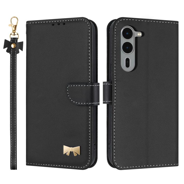 Metal Bow Leather Phone Case with Hand Strap, For Fujitsu Arrows We3, For Fujitsu Rakuraku F-53E, For Fujitsu Arrows We2 F-52E, For Fujitsu Arrows We2 Plus F-51E, For Fujitsu Arrows WE F-51B / BZ03, For Fujitsu Arrows F-52B