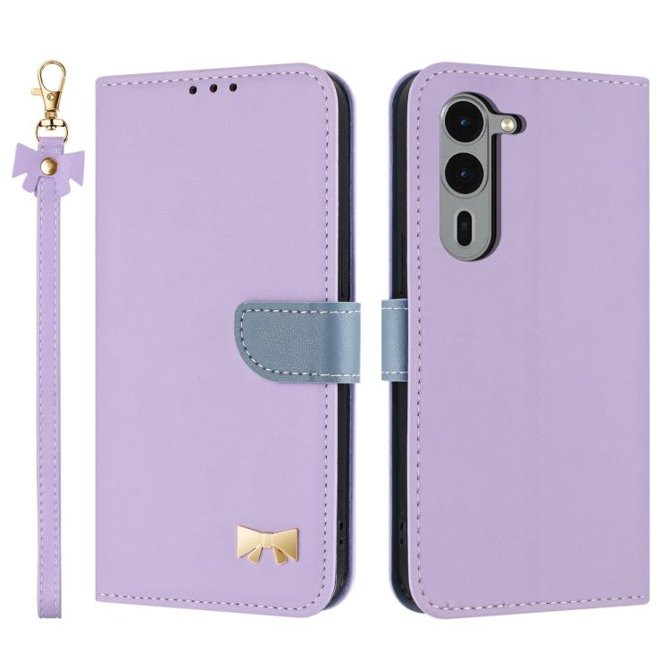 Metal Bow Leather Phone Case with Hand Strap, For Fujitsu Arrows We3, For Fujitsu Rakuraku F-53E, For Fujitsu Arrows We2 F-52E, For Fujitsu Arrows We2 Plus F-51E, For Fujitsu Arrows WE F-51B / BZ03, For Fujitsu Arrows F-52B