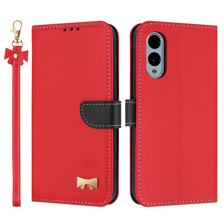 Metal Bow Leather Phone Case with Hand Strap, For Fujitsu Arrows We3, For Fujitsu Rakuraku F-53E, For Fujitsu Arrows We2 F-52E, For Fujitsu Arrows We2 Plus F-51E, For Fujitsu Arrows WE F-51B / BZ03, For Fujitsu Arrows F-52B