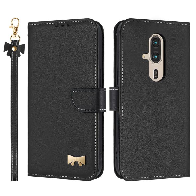 Metal Bow Leather Phone Case with Hand Strap, For Fujitsu Arrows We3, For Fujitsu Rakuraku F-53E, For Fujitsu Arrows We2 F-52E, For Fujitsu Arrows We2 Plus F-51E, For Fujitsu Arrows WE F-51B / BZ03, For Fujitsu Arrows F-52B