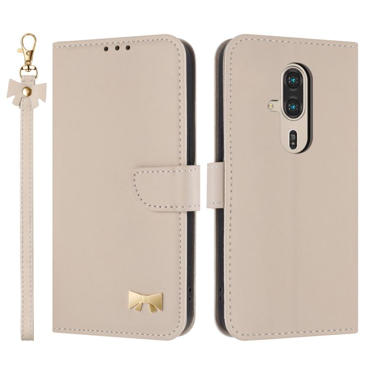 Metal Bow Leather Phone Case with Hand Strap, For Fujitsu Arrows We3, For Fujitsu Rakuraku F-53E, For Fujitsu Arrows We2 F-52E, For Fujitsu Arrows We2 Plus F-51E, For Fujitsu Arrows WE F-51B / BZ03, For Fujitsu Arrows F-52B