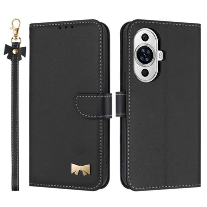 Metal Bow Leather Phone Case with Hand Strap, For Huawei nova 12 5G / 13 5G, For Huawei nova 12s 4G Global, For Huawei Pura 70 Pro, For Huawei Pura 70, For Huawei nova 12 Pro / 12 Ultra