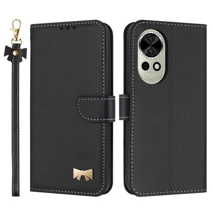 Metal Bow Leather Phone Case with Hand Strap, For Huawei nova 12 5G / 13 5G, For Huawei nova 12s 4G Global, For Huawei Pura 70 Pro, For Huawei Pura 70, For Huawei nova 12 Pro / 12 Ultra