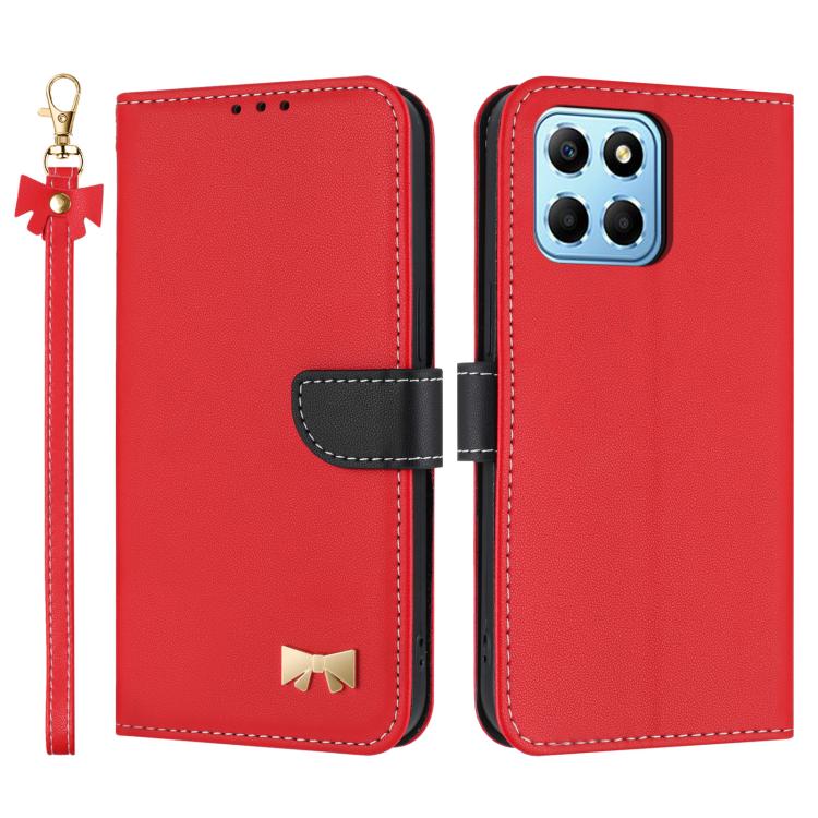 Metal Bow Leather Phone Case with Hand Strap, For Honor X7a 4G, For Honor X8 5G Global