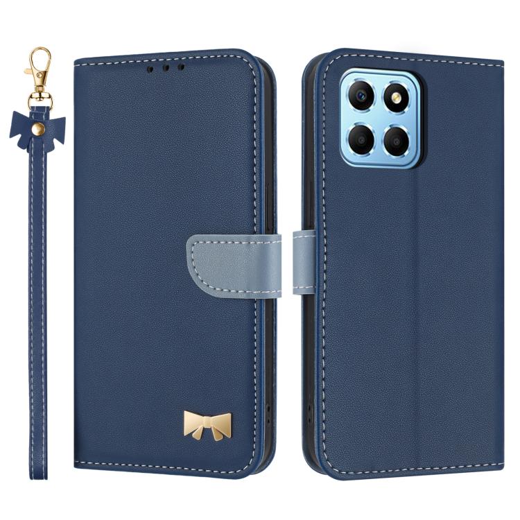 Metal Bow Leather Phone Case with Hand Strap, For Honor X7a 4G, For Honor X8 5G Global