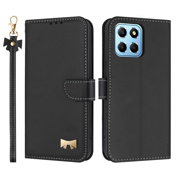 Metal Bow Leather Phone Case with Hand Strap, For Honor X7a 4G, For Honor X8 5G Global