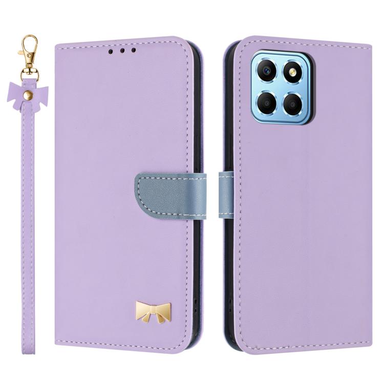 Metal Bow Leather Phone Case with Hand Strap, For Honor X7a 4G, For Honor X8 5G Global