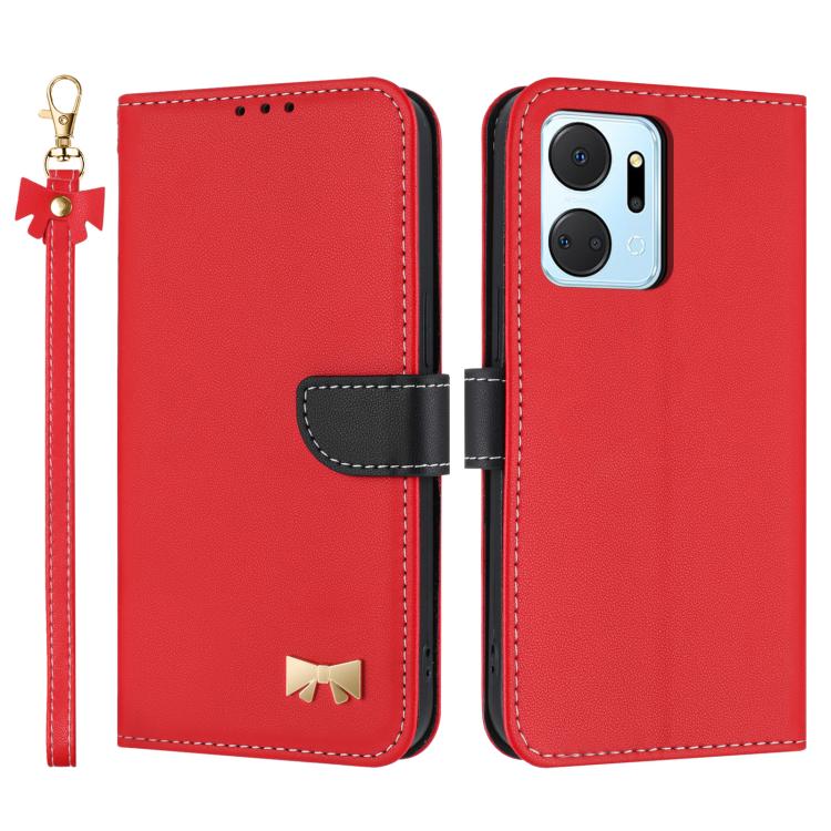 Metal Bow Leather Phone Case with Hand Strap, For Honor X7a 4G, For Honor X8 5G Global