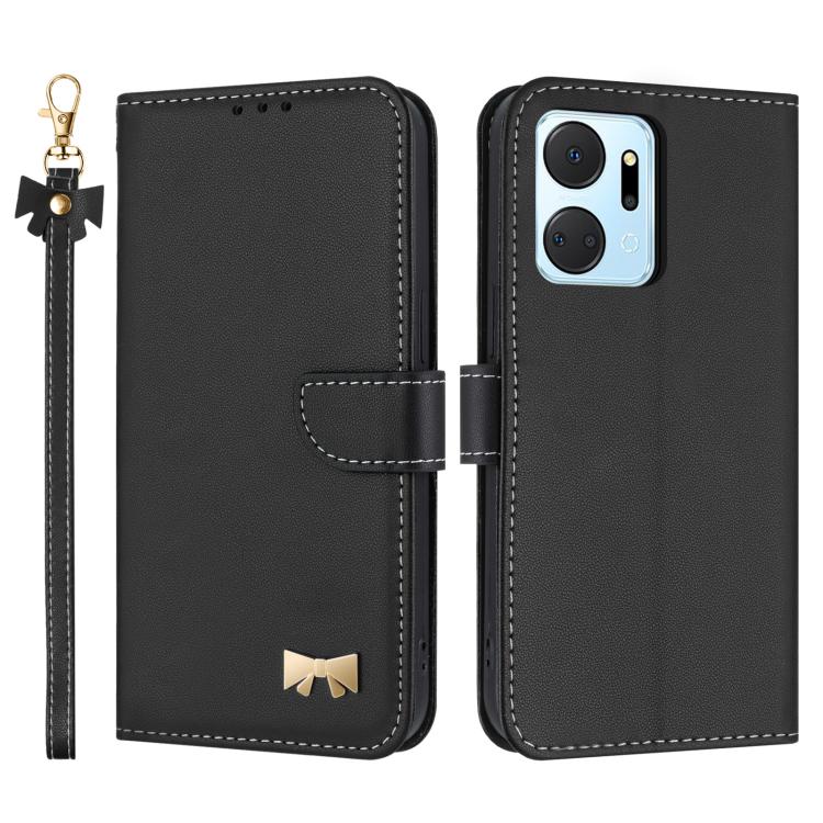 Metal Bow Leather Phone Case with Hand Strap, For Honor X7a 4G, For Honor X8 5G Global