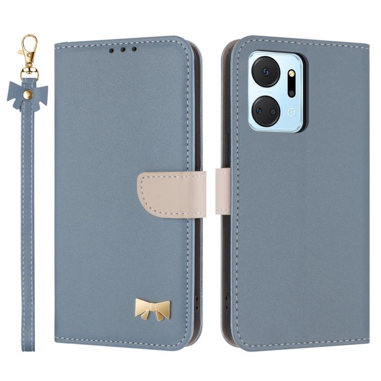 Metal Bow Leather Phone Case with Hand Strap, For Honor X7a 4G, For Honor X8 5G Global