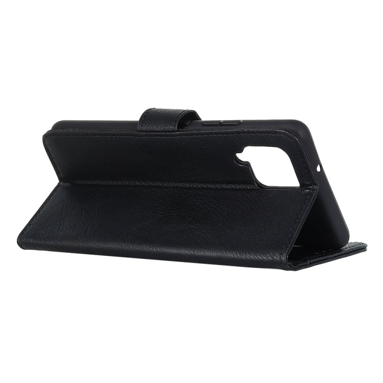 Black leather folio flip phone case with side cutout and top strap
