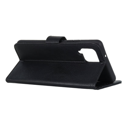 Black leather folio flip phone case with side cutout and top strap