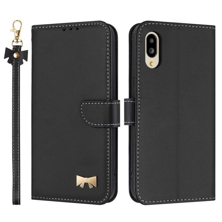 Metal Bow Leather Phone Case with Hand Strap, For Sharp Aquos R11, For Sharp Aquos wish5, For Sharp Aquos Sense9, For Sharp Simple Sumaho 6 SHG09