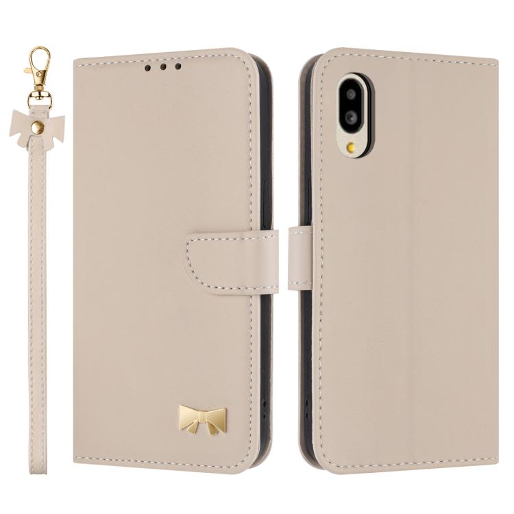Metal Bow Leather Phone Case with Hand Strap, For Sharp Aquos R11, For Sharp Aquos wish5, For Sharp Aquos Sense9, For Sharp Simple Sumaho 6 SHG09
