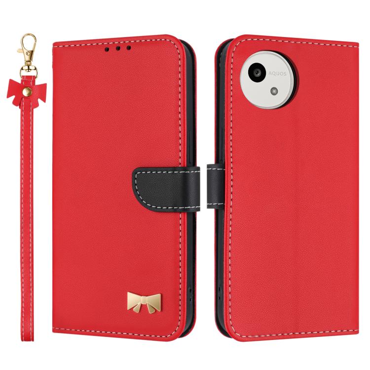 Metal Bow Leather Phone Case with Hand Strap, For Sharp Aquos R11, For Sharp Aquos wish5, For Sharp Aquos Sense9, For Sharp Simple Sumaho 6 SHG09