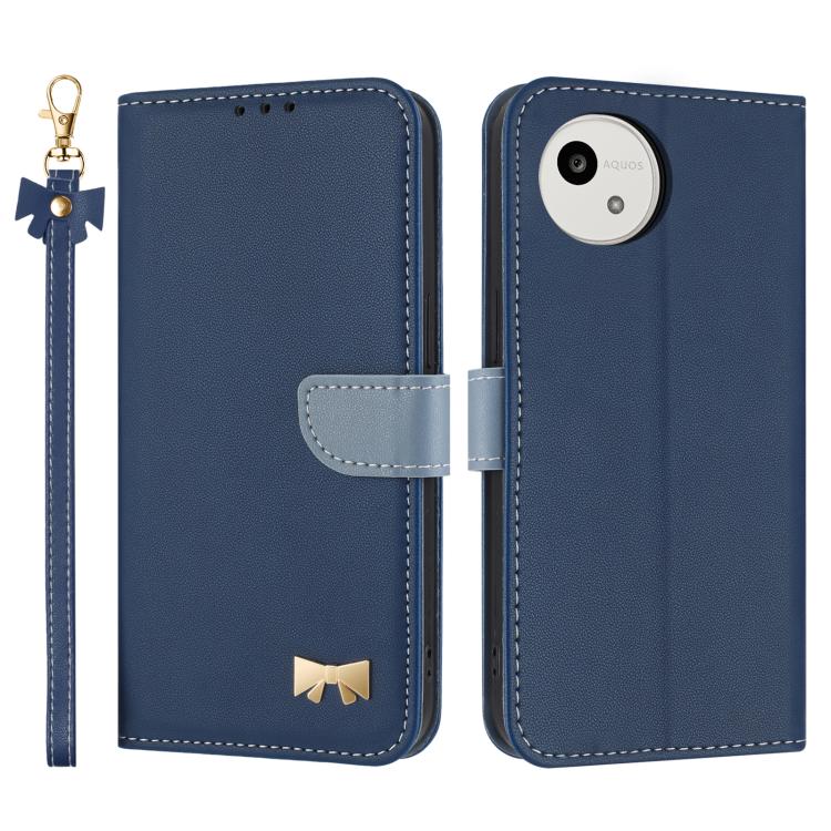Metal Bow Leather Phone Case with Hand Strap, For Sharp Aquos R11, For Sharp Aquos wish5, For Sharp Aquos Sense9, For Sharp Simple Sumaho 6 SHG09
