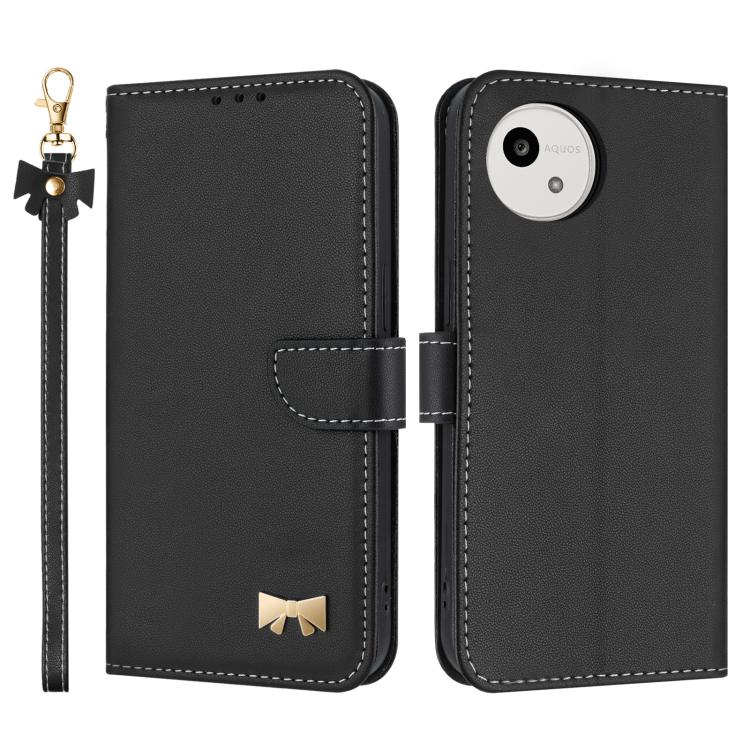 Metal Bow Leather Phone Case with Hand Strap, For Sharp Aquos R11, For Sharp Aquos wish5, For Sharp Aquos Sense9, For Sharp Simple Sumaho 6 SHG09