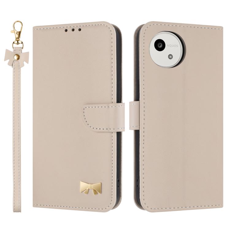 Metal Bow Leather Phone Case with Hand Strap, For Sharp Aquos R11, For Sharp Aquos wish5, For Sharp Aquos Sense9, For Sharp Simple Sumaho 6 SHG09