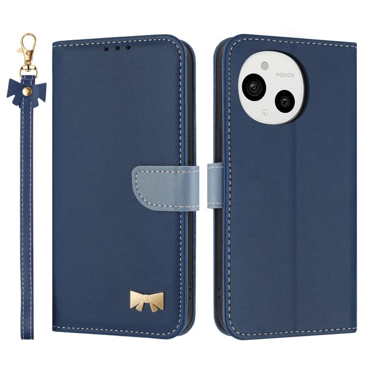 Metal Bow Leather Phone Case with Hand Strap, For Sharp Aquos R11, For Sharp Aquos wish5, For Sharp Aquos Sense9, For Sharp Simple Sumaho 6 SHG09