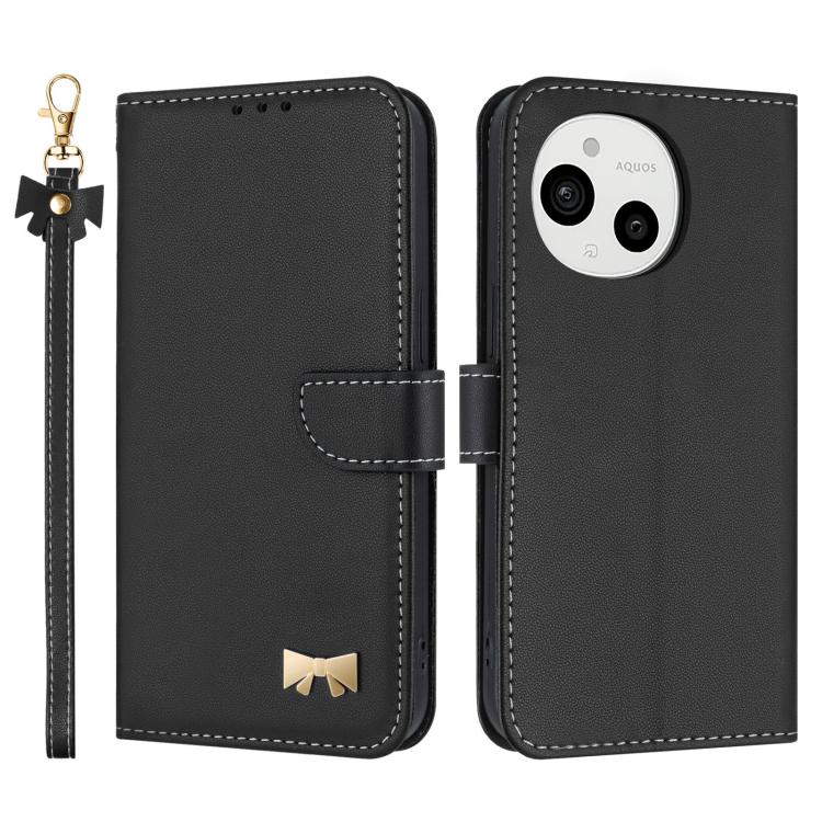 Metal Bow Leather Phone Case with Hand Strap, For Sharp Aquos R11, For Sharp Aquos wish5, For Sharp Aquos Sense9, For Sharp Simple Sumaho 6 SHG09