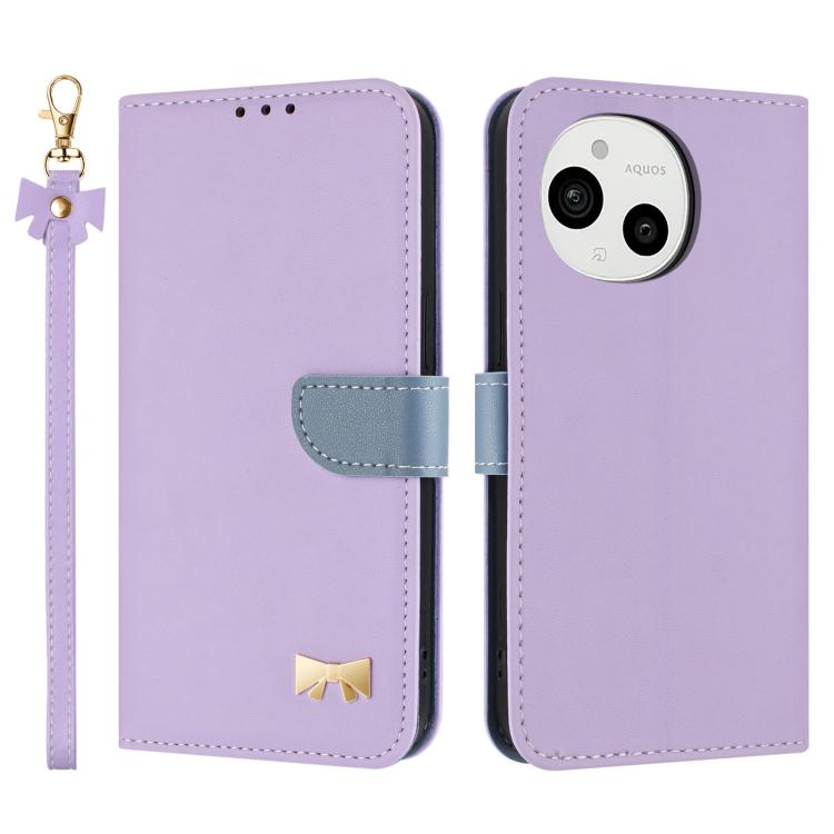Metal Bow Leather Phone Case with Hand Strap, For Sharp Aquos R11, For Sharp Aquos wish5, For Sharp Aquos Sense9, For Sharp Simple Sumaho 6 SHG09