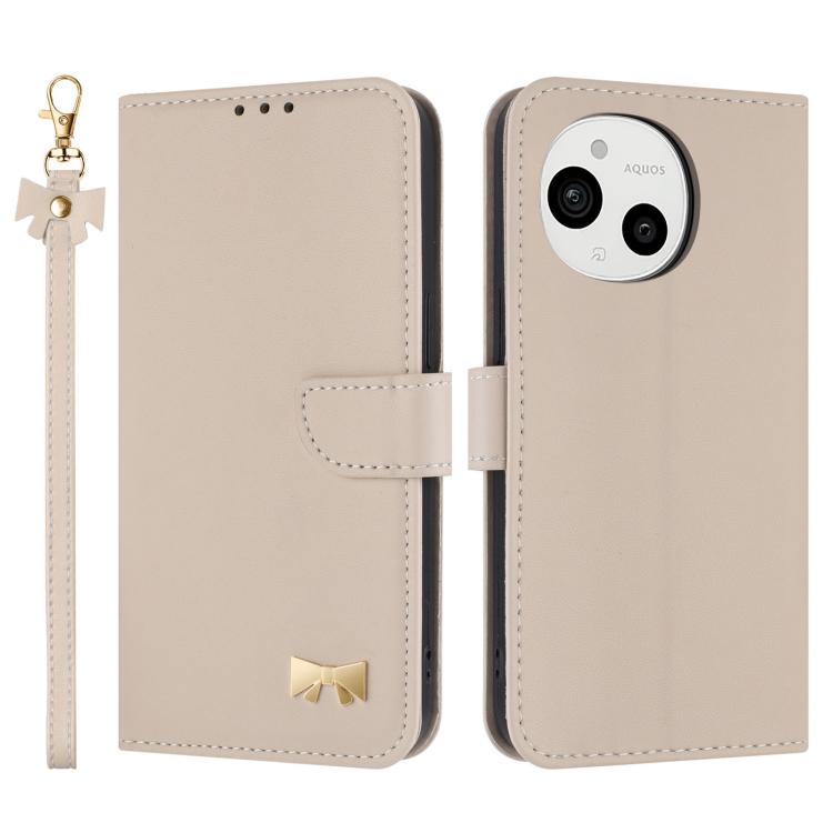 Metal Bow Leather Phone Case with Hand Strap, For Sharp Aquos R11, For Sharp Aquos wish5, For Sharp Aquos Sense9, For Sharp Simple Sumaho 6 SHG09