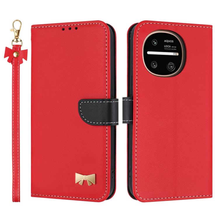 Metal Bow Leather Phone Case with Hand Strap, For Sharp Aquos R11, For Sharp Aquos wish5, For Sharp Aquos Sense9, For Sharp Simple Sumaho 6 SHG09