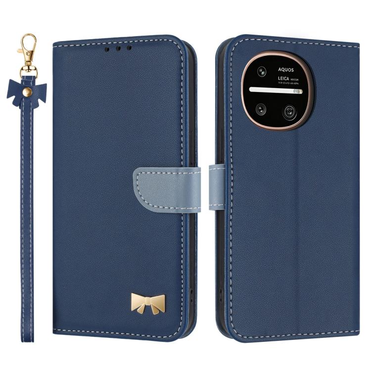 Metal Bow Leather Phone Case with Hand Strap, For Sharp Aquos R11, For Sharp Aquos wish5, For Sharp Aquos Sense9, For Sharp Simple Sumaho 6 SHG09
