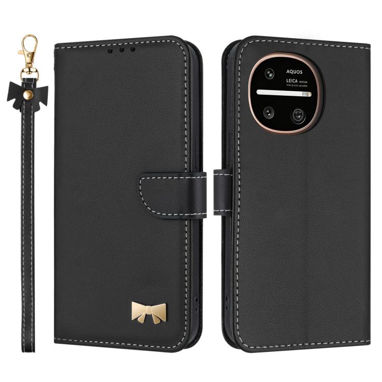 Metal Bow Leather Phone Case with Hand Strap, For Sharp Aquos R11, For Sharp Aquos wish5, For Sharp Aquos Sense9, For Sharp Simple Sumaho 6 SHG09