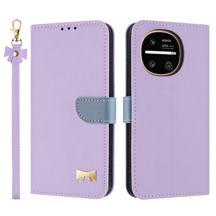 Metal Bow Leather Phone Case with Hand Strap, For Sharp Aquos R11, For Sharp Aquos wish5, For Sharp Aquos Sense9, For Sharp Simple Sumaho 6 SHG09