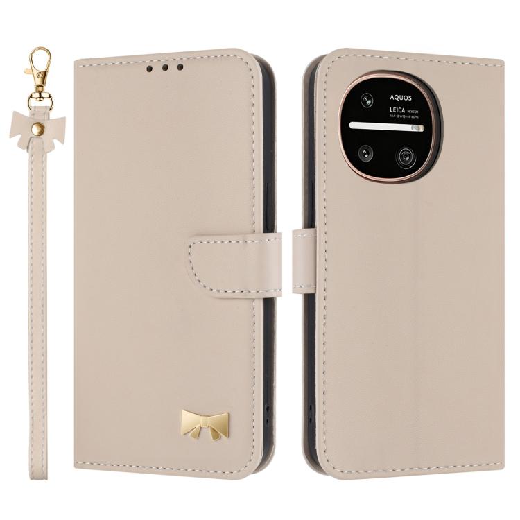 Metal Bow Leather Phone Case with Hand Strap, For Sharp Aquos R11, For Sharp Aquos wish5, For Sharp Aquos Sense9, For Sharp Simple Sumaho 6 SHG09
