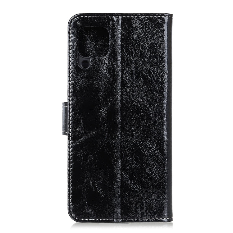 Black textured leather phone wallet case with camera cutout and side seam
