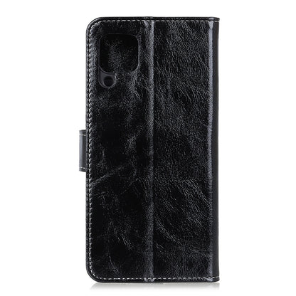 Black textured leather phone wallet case with camera cutout and side seam