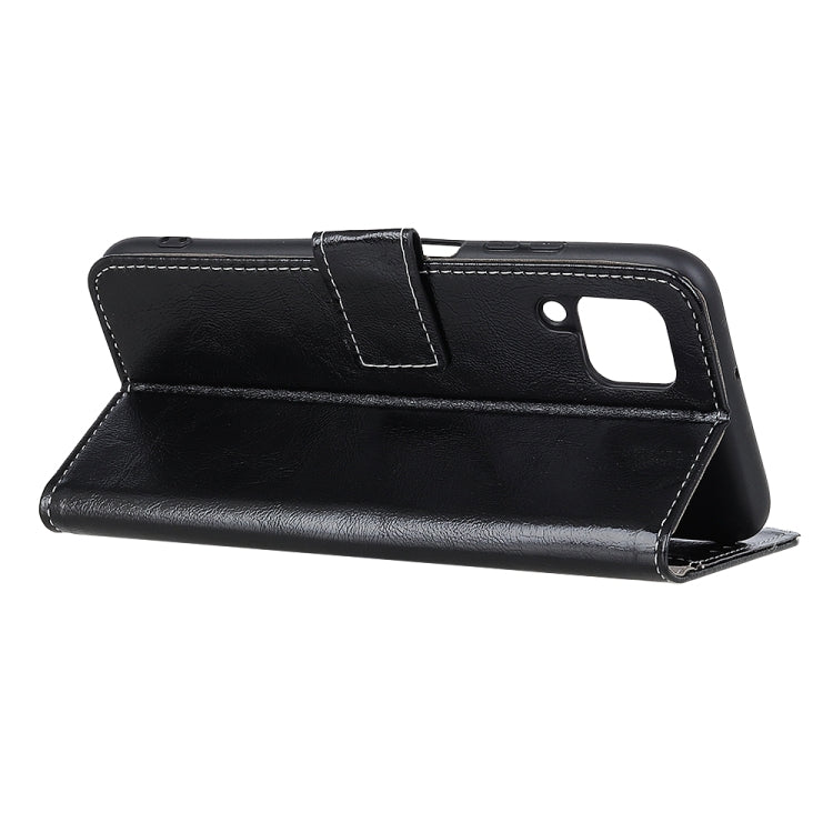 Black textured leather phone wallet case with top cutout and fold-over strap