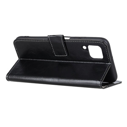 Black textured leather phone wallet case with top cutout and fold-over strap