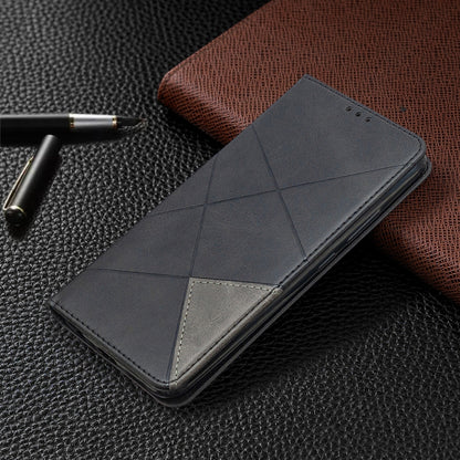 Dark grey rhombus texture leather phone case with magnetic flip and camera cutout